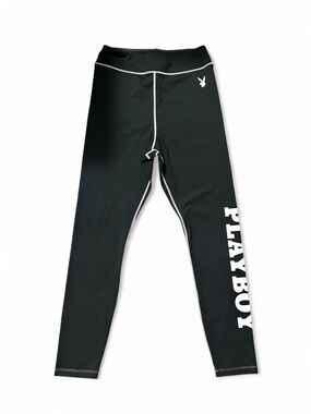 PLAYBOY Black Leggings with logo & White Side Script (NWOT)